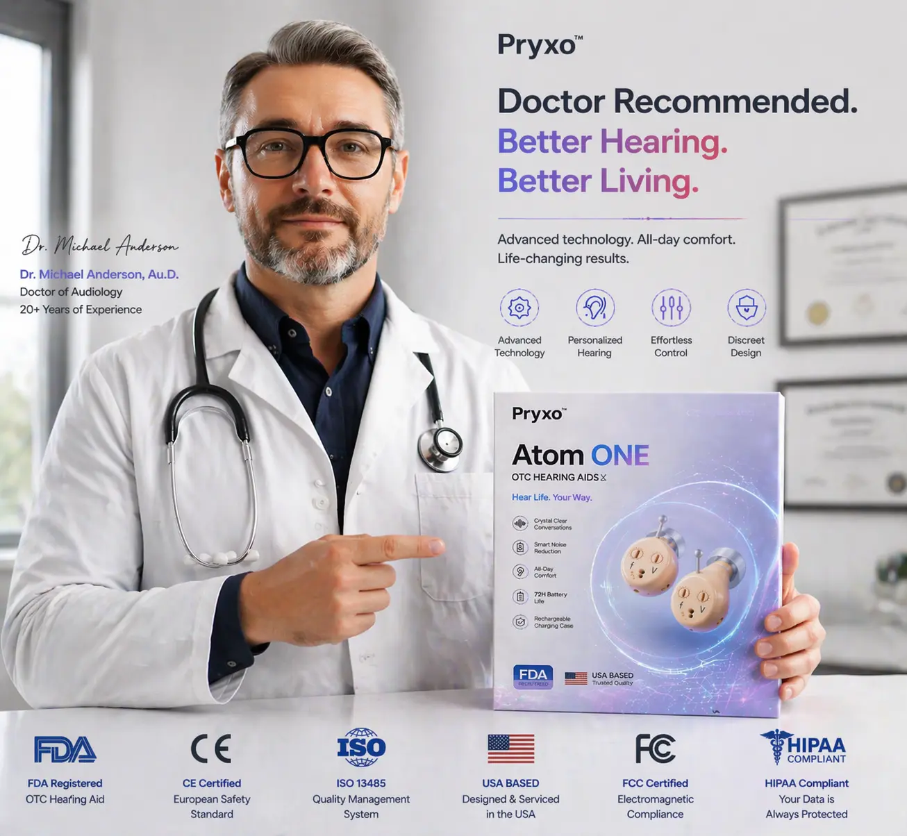 Pryxo™ Atom ONE Hearing Aid 2026 | Clear Hearing OTC